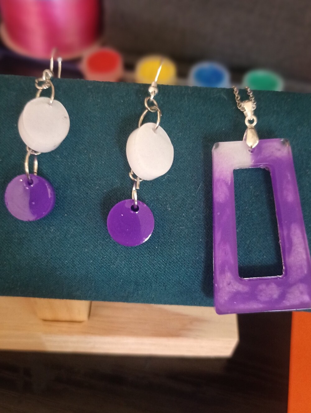 Purple Resin Rectangle Pendant Necklace and Drop Earrings Set